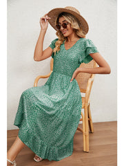 2023 Summer V-Neck Pleated Printed Chiffon Patchwork Waist-Tied Dress for Women