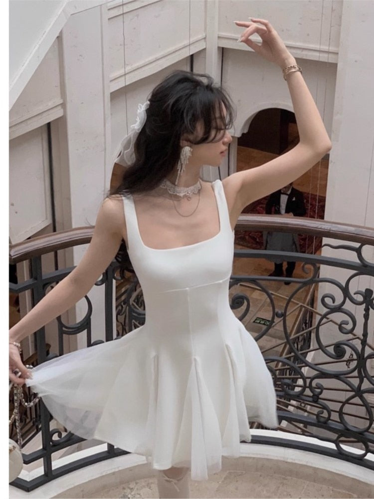 Summer New Women French Elegant Ruffles Evening Party White Dress