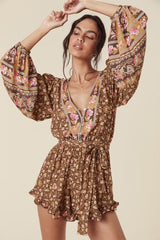 New Femme Boho Playsuits Ruffled A-line Jumpsuits Long Sleeve Rayon High Waist Fashion Rompers Mujer Flare Pants Printing Suits