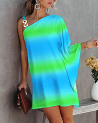 Hoobd Sexy One Shoulder Dress Women 2023 Fashion Printed Loose Office Mini Dresses Casual Straps Batwing Sleeve Beach Party Dresses