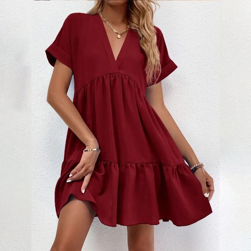 Casual Women Short Sleeve Mini Dress 2023 Spring Summer V-neck Loose Dresses Cute Solid Big Hem Beach Dress Robe De Plage