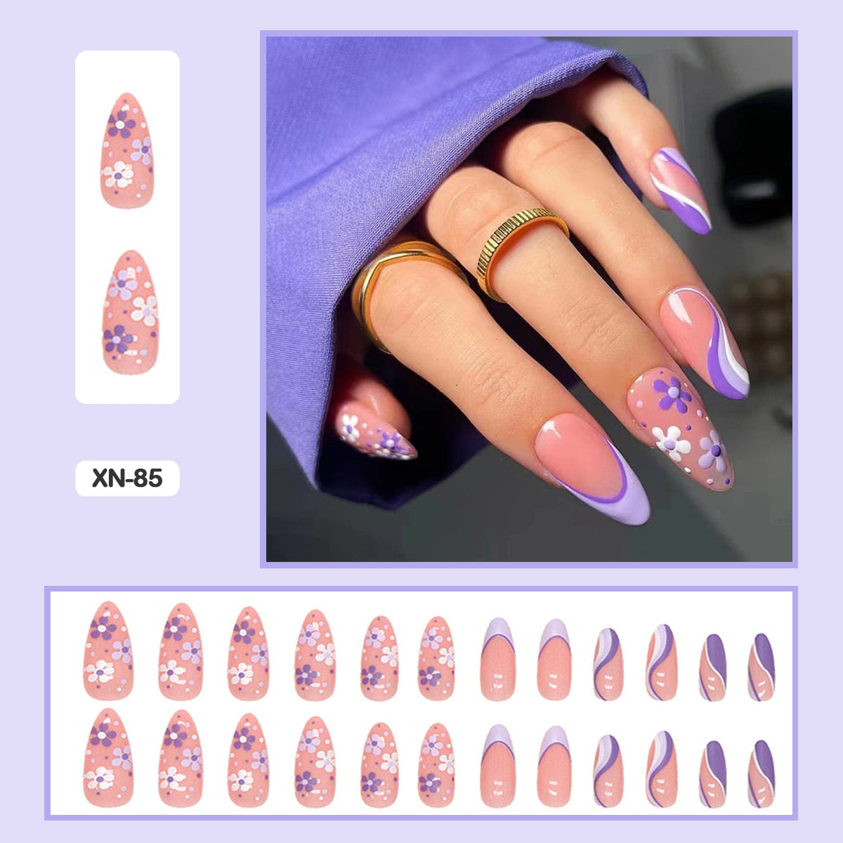 24pcs Girlish Colorful Graffiti Nail Art Fake Nails With Plants Flowers Patterns Short Press on False Nails With Wearing Tools