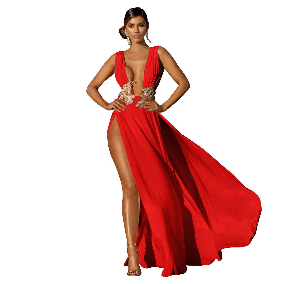 Hoobd Women Evening Party Dress Vestidos Long Maxi Dress Sexy Summer Deep V Neck Backless Dress High Slit Fashion Festival