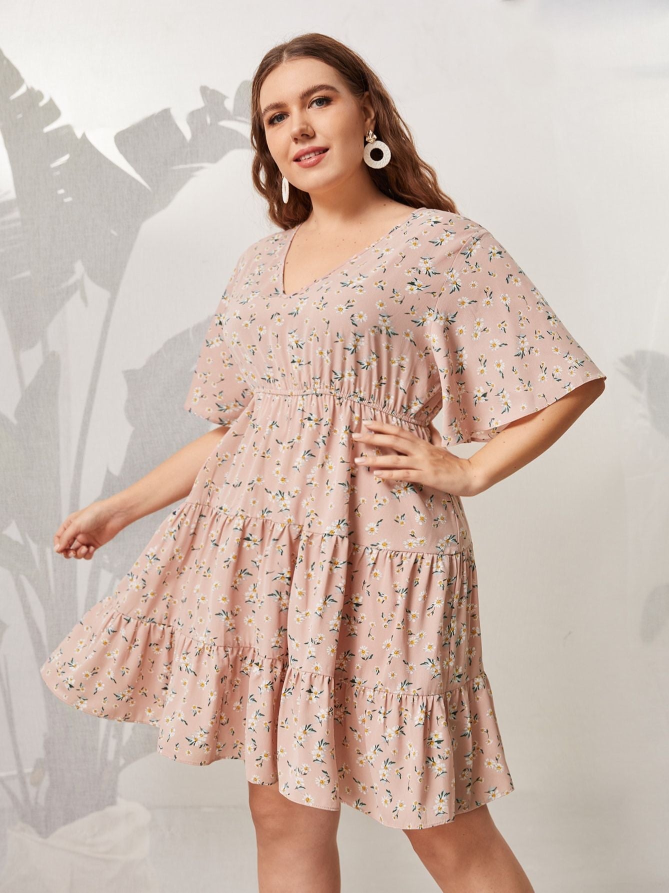 Plus Size Pink Midi Dress Women Floral Print Ruffles Sleeve Summer Autumn Casual Oversized 4XL Elegant Loose Dresses