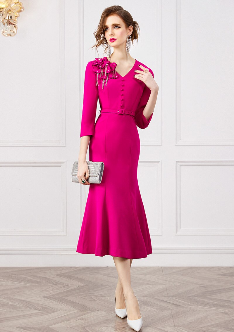Hoobd Spring Fashion 3D Floral Beading Mermaid Party Dresses for Women 2023 Designer Elegant V Neck Midi Evening Vestidos Ladies