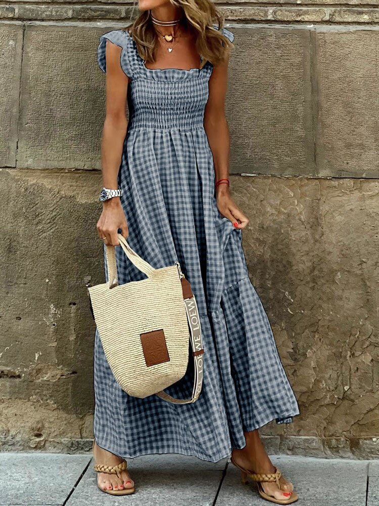 2023 New Summer Ruffle Sleeve Long Dress Retro Plaid Printed Beach Maxi Dress Women Sexy Square Neck Loose Hem A-Line Dress