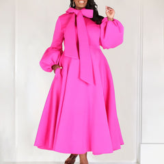 Hoobd2023 Autumn/Winter New Women's Dress Fashionable Bubble Sleeve Lacing Large Hem High Waist Dress Casual Elegant Women's Dress