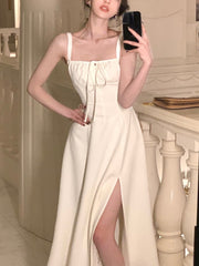 French Elegant Strap Midi Dress Office Lady Casual Even Party Dress Women Beach Sleeveless One Piece Dress Korean Summer 2023