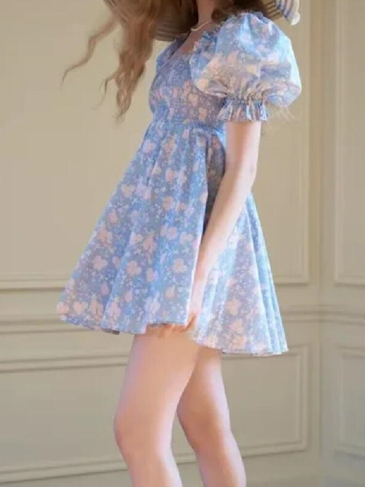 Sweet Princess Blue Flower Print Square Collar Puff Sleeve Mini Dress