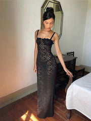 Sexy Lace See Through Split Women Long Dress Female Slash Neck Spaghetti Straps Slim Fit Dresses Summer Fashion Elegant Vestidos