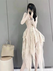 French Elegant Women's Vintage Dress  Autumn Winter New Irregular Lace Splicing Evening Long Bridesmaid Party Dress