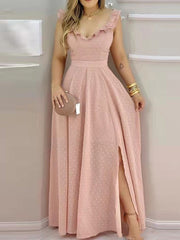 Hoobd Polka Dot Print Ruffle Hem Open Back Slit Maxi Long Dress Women