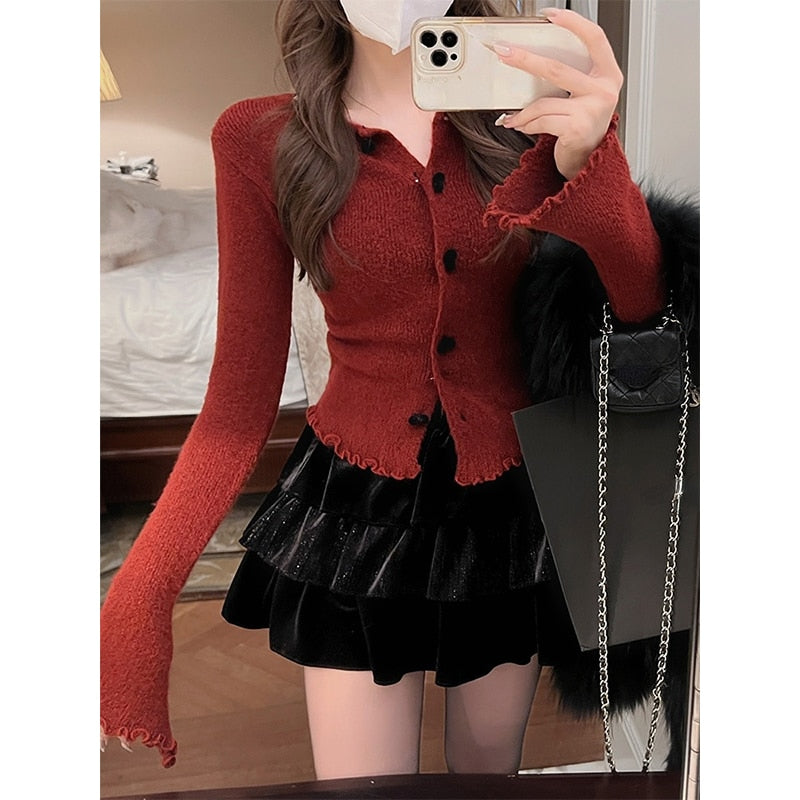 2023 Spring Red Knitted Cardigan Women Long Sleeve Slim Sweater Office Lady Outwear Y2k Crop Tops Female Korean Fashion Clothing