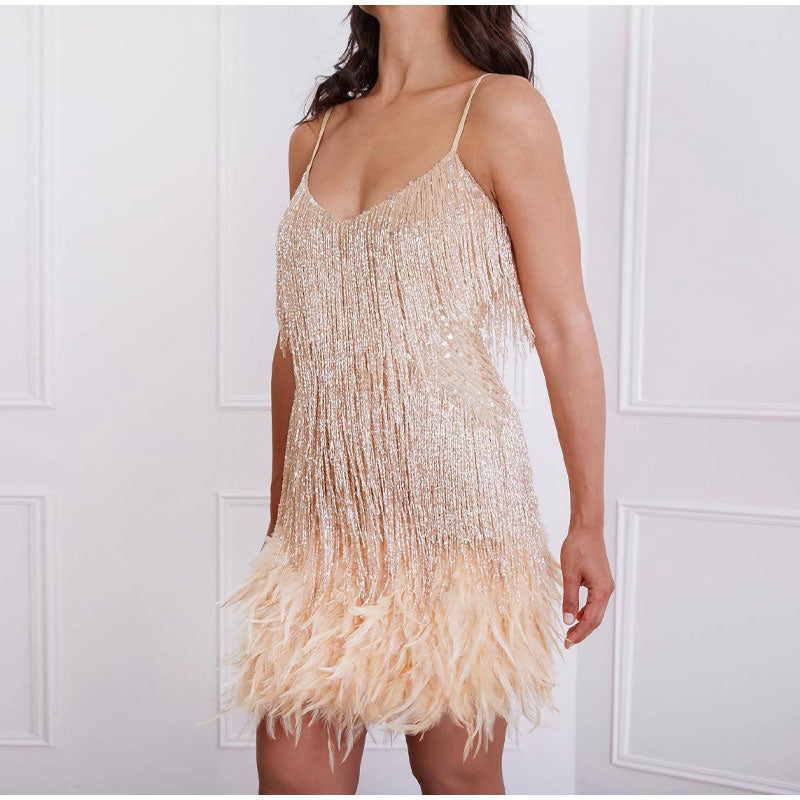 Hoobd Sequins Tassel Feather Spaghetti Strap Dress Women Fashion Sexy Stitching Mini Dresses Ladies Evening Party Club Elegant Dress