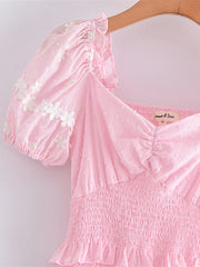 Hoobd High Quality 2023 Summer Pink Short Sleeve Women Ruffled Mini Dress