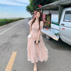 French Fairy Chiffon Midi Dress Women Short Sleeve Casual Boho Beach Sundress Women Pink Elegant Korean Dress Summer Chic