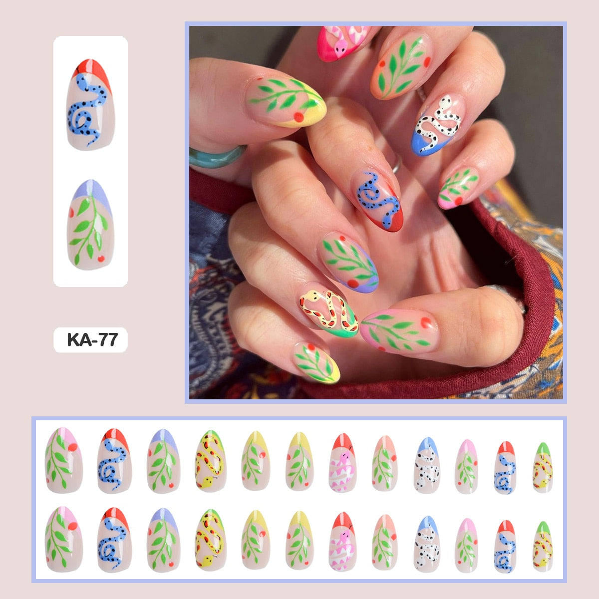 24pcs Girlish Colorful Graffiti Nail Art Fake Nails With Plants Flowers Patterns Short Press on False Nails With Wearing Tools