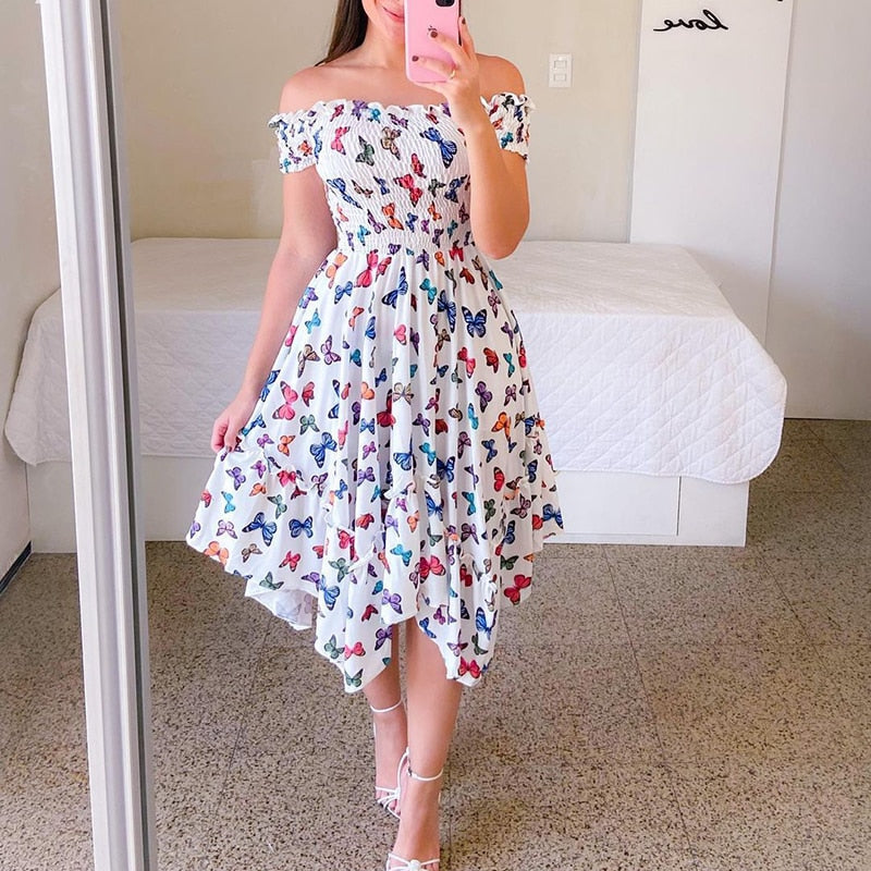 Hoobd Sexy Off The Shoulder Tube Top Dress Butterfly Rainbow Floral Print Dress Ladies Elegant Slim Summer Bohemian Party Maxi Dresses