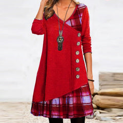Fashion Long Sleeve V Neck Midi Dress Autumn Ladies Button Splicing Loose Dress New Vintage Geometric Puzzle Print A-line Dress