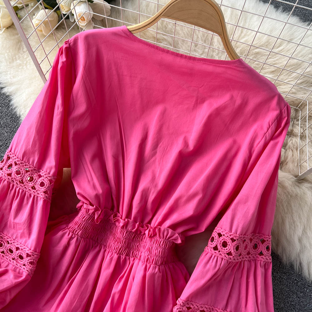 Autumn Vintage V-Neck Flower Embroidery Hollow Out Patchwork Vacation Long Dress Women Puff Sleeve Elastic Waist Holiday Vestido