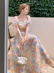 2023 Summer French Vintage Floral  Beach Dress Puff Sleeve Sexy Backless Slip Dresses Elegant Temperament Korea Long Dress