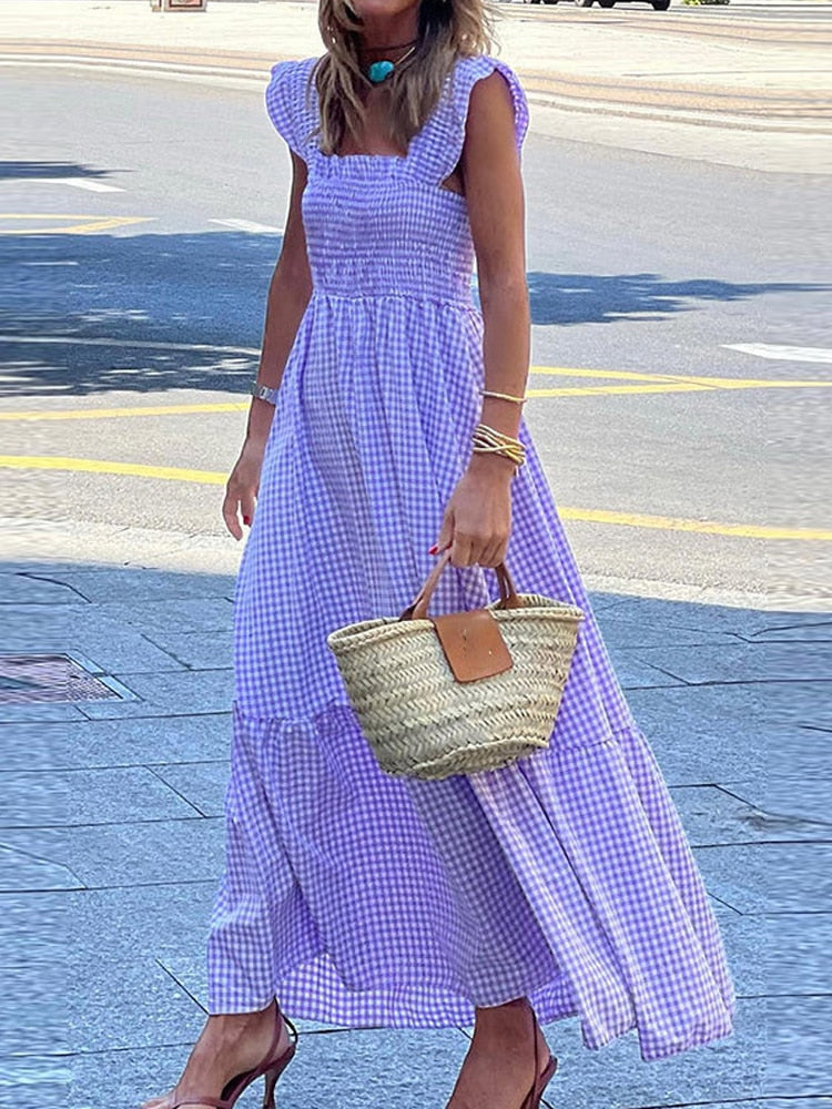 2023 New Summer Ruffle Sleeve Long Dress Retro Plaid Printed Beach Maxi Dress Women Sexy Square Neck Loose Hem A-Line Dress