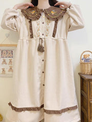 Kawaii Lolita Dress Women Sweet Preppy Style Ruffles Patchwork Corduroy Dress Autumn Winter Puff Sleeve Peter Pan Collar