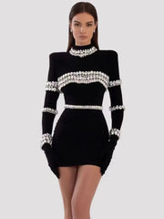 Brand New Women Winter Sexy Turtleneck Beading Long Sleeve Black Mini Bandage Dress  Elegant Evening Club Party Dress