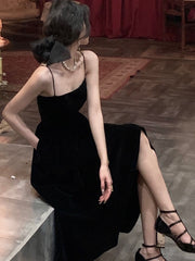 Hoobd Summer Women Elegant Spaghetti Strap Midi Black Velvet Dress Sexy Prom Evening Party Birthday Club Fashion Clothing