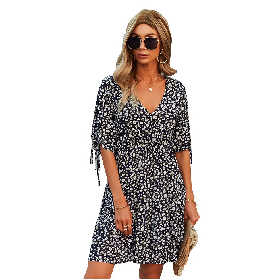 Casual Dress Women Spring Sexy Stresch Floral Dress Lady V Neck Short Sleeved A-line Skirt Girl High Waist Summer Clothes Female