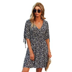 Casual Dress Women Spring Sexy Stresch Floral Dress Lady V Neck Short Sleeved A-line Skirt Girl High Waist Summer Clothes Female