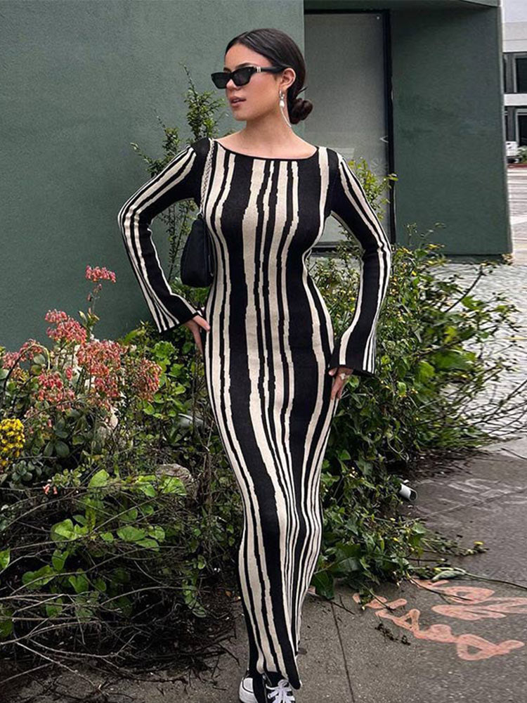 Fashion Leopard Print Women Slim Dress Striped Long Sleeve O Neck High Waist Female Dresses 2023 Spring Wave Party Evening Robe