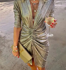 Elegant Bright Silk Long Sleeve Ruched Mini Dress Women Sexy Deep V Slit Night Club Party Evening Dress Female Autumn Vestidos