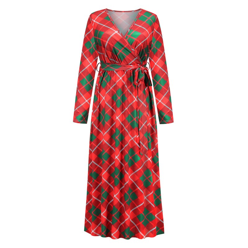 Women Maxi Dress Autumn Fashion Christmas Festival Print Long Sleeve V Neck Lace Up Slim Party Dresses High Streetwear