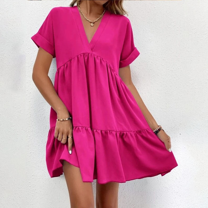 Casual Women Short Sleeve Mini Dress 2023 Spring Summer V-neck Loose Dresses Cute Solid Big Hem Beach Dress Robe De Plage