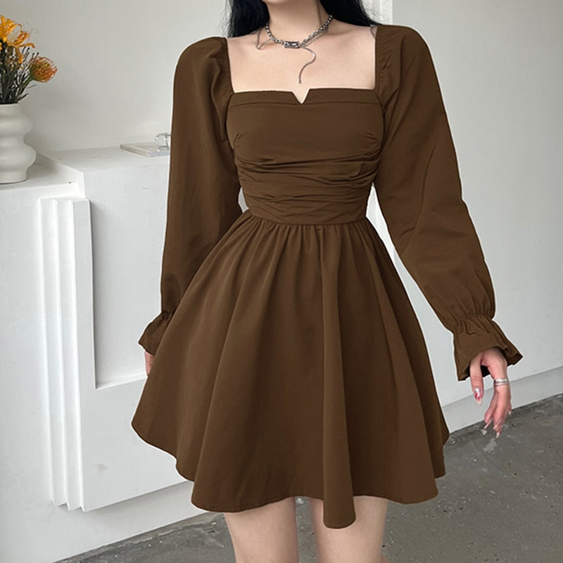 Hoobd Elegant Chiffon Corset Dress Brown Flare Long Sleeve Mini Dresses Vacation Short Party Dress Ruffles Slash Neck Outfit