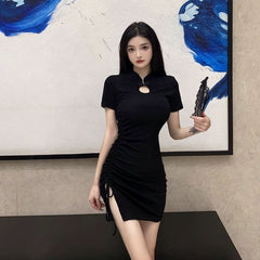 Hoobd New Vintage Black Bandage Sexy Dress Spice Girls Hollow Out Short Sleeve Dress Women's Sweet Spicy Thin Skirt Halloween