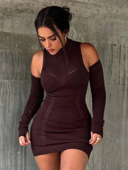 Hoobd Women Fashion Solid Temperament Mini Dress Vintage Spliced Long Sleeve Hip Wrap Female Chic Lady Short Dresses