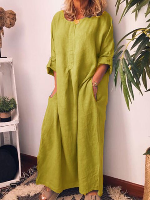 New Solid Color Loose Pockets Robe Women's Cotton Linen Solid Color Fashion Round Neck 7-Point Sleeve Casual Ladies Dress