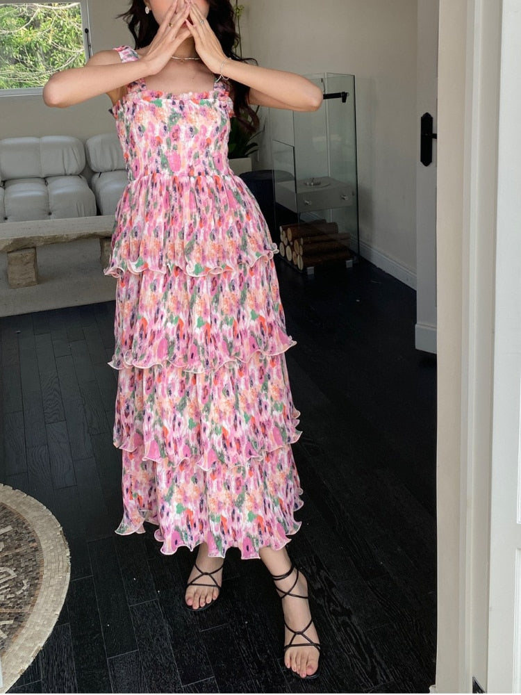 2023 Summer New In High Quality Floral Print Elastic Women Tiered Strappy Midi Long Summer Beach Vacation Dress Fairycore