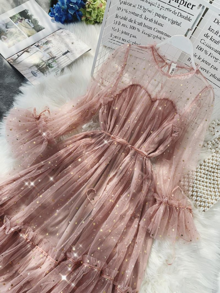 New Female O-neck Stars Sequined Mesh Shiny Fairy Dress Women Elegant Bling Gauze Princess Puff Dresses Vestidos De Fiesta