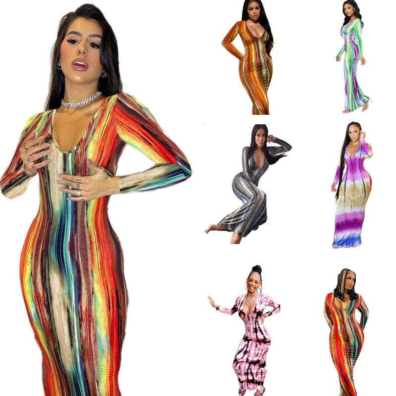 Hoobd Sexy Print Maxi Dresses Ladies Elegant Bodycon Women Dress Vintage Robe Femme Party Bandage Long Dress Woman Clothes Vestidos