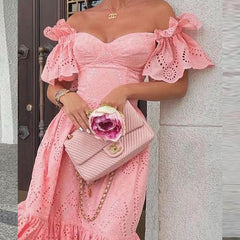 Women Sexy Hollow Out Solid Ruffles Dress Summer Loose Lace Patchwork Casual Dress Elegant Strapless Party Dresses Vestidos
