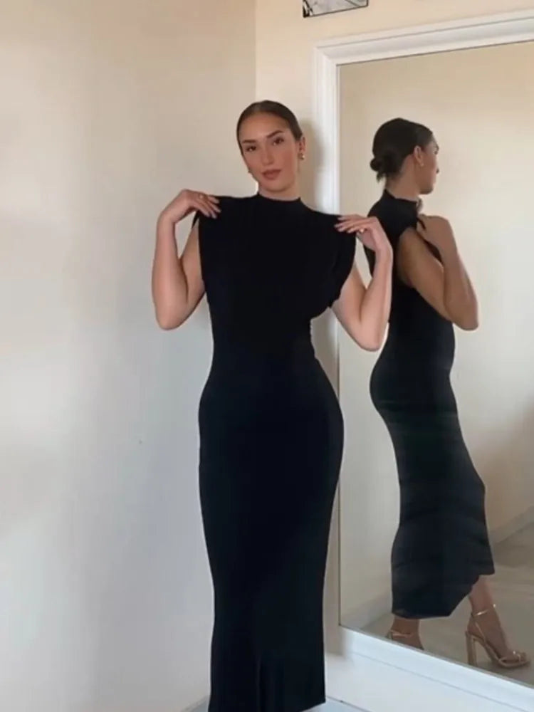 Women Fashion Sexy Midi Dress 2024 Elegant O-Neck Split Sleeveless Slim Dresses Streetwear High Waist Bodycon Vestidos Robes