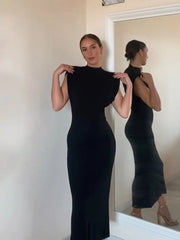 Women Fashion Sexy Midi Dress 2024 Elegant O-Neck Split Sleeveless Slim Dresses Streetwear High Waist Bodycon Vestidos Robes