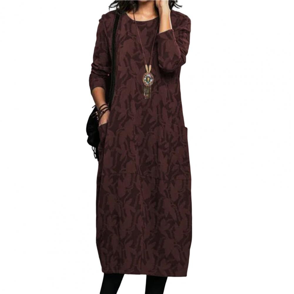 Women Midi Dress for Women 2023 Vintage Print Long Sleeves Crew Neck Dress Spring Autumn Loose Double Pockets Dress Streetwear
