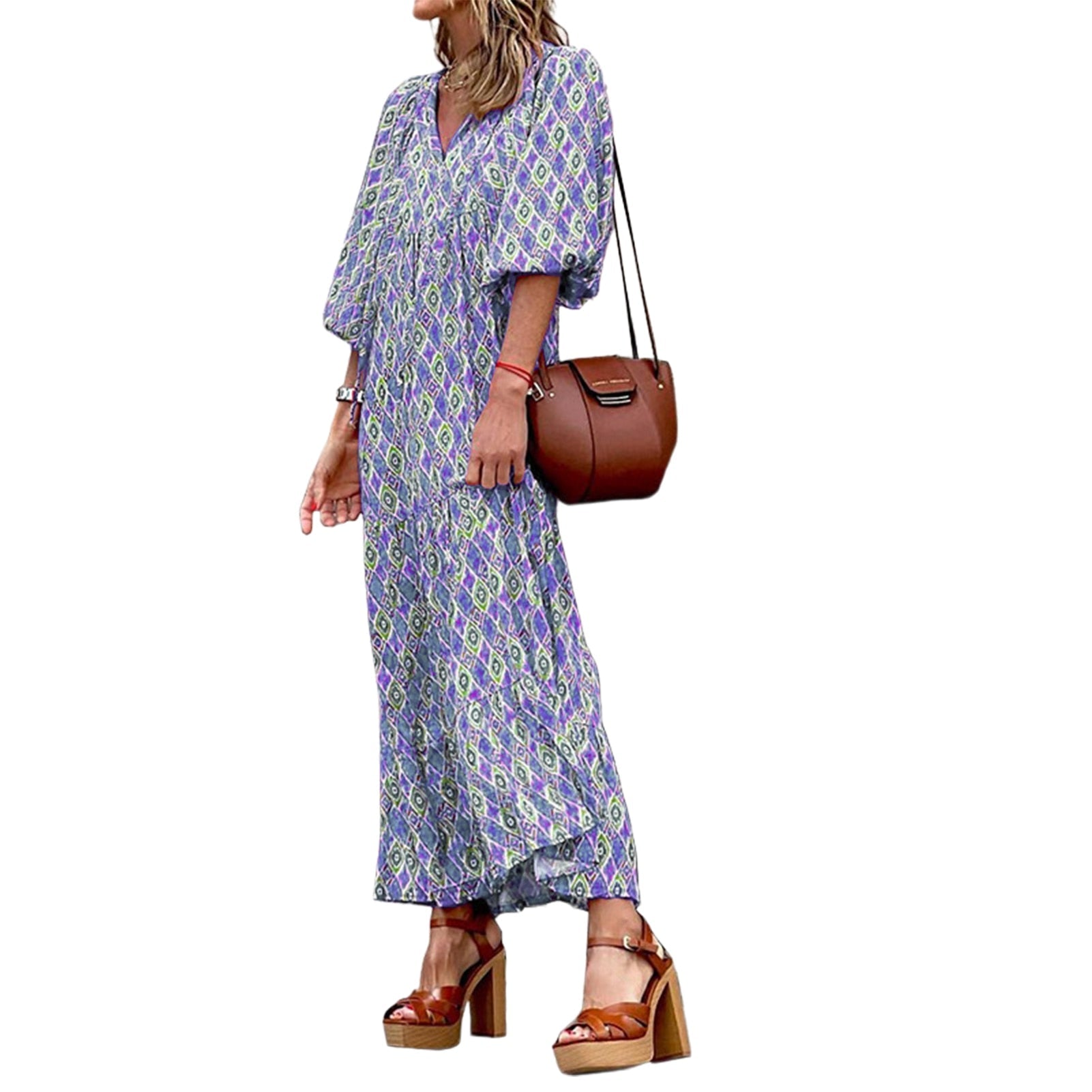 Women Vintage Bohemian Printing Beach Dress Fashion Bubble Sleeves V-Neck Long Dress Spring Summer Female Casual Loose Dresses