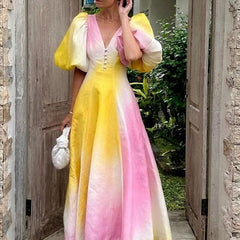 Sexy Deep V Neck Puff Sleeve Summer Bohemia Long Dress Elegant Tie Dye Gradient Color Women Evening Dresses Lady French Vestidos