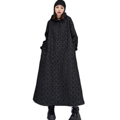 Hoobd2023 Autumn Winter New Leisure Jacquard Craft Hooded Dress Women Pure Color Large Size Pullover Dress Black