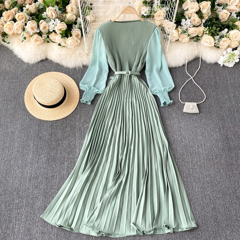 Women&#39;s Elegant Long Dress Spring and Summer Bubble Long Sleeve Pleated Belt Long Skirt 2023 Ladies French Temperament New Dress